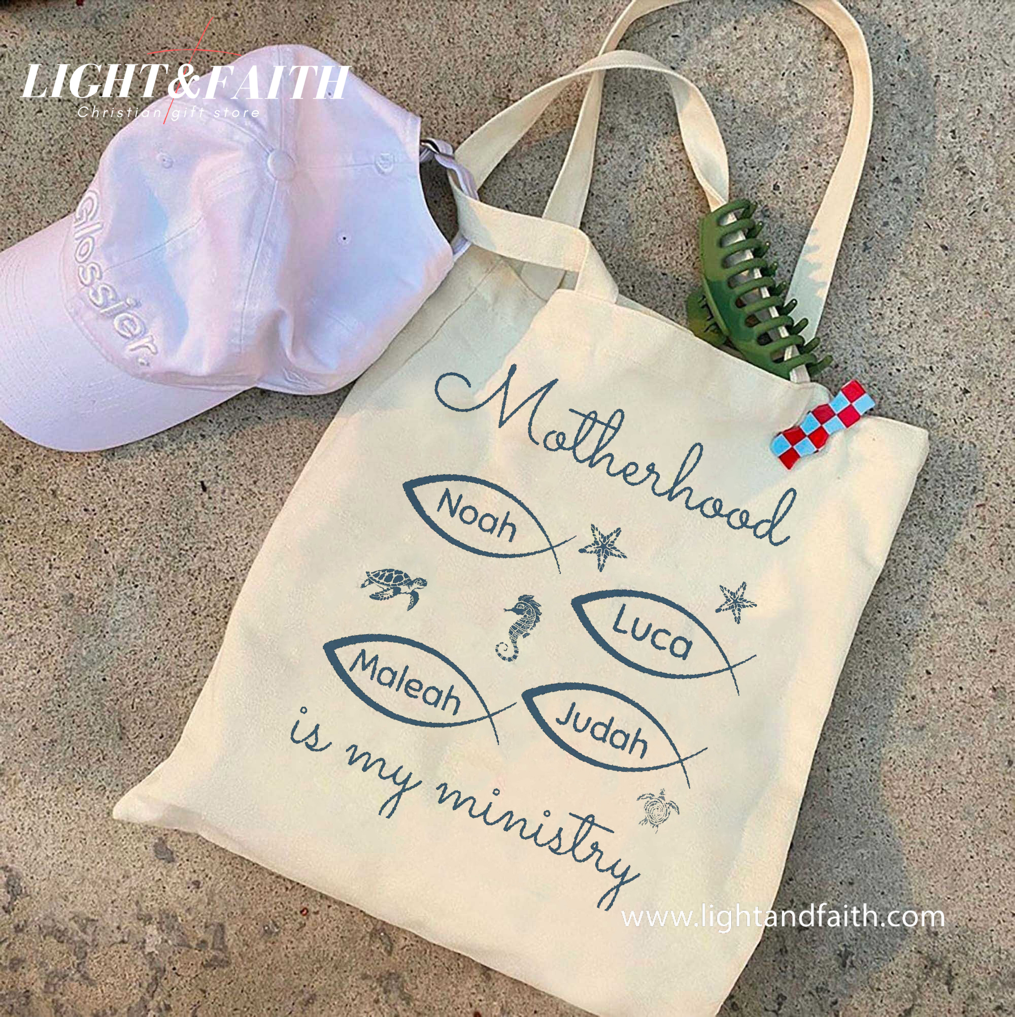 Motherhood Is My Ministry Tote Bag, Personalized Christian Mom Tote, Faith Canvas Bag with Kids' Names, Religious Gift for Mother Church TBLAF61